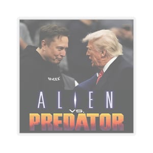 May include: A sticker featuring a photo of two men, with the text "ALIEN vs. PREDATOR" in a retro font. One man is wearing a black hoodie with "SPACEX" printed on it. The other man is wearing a suit and tie.