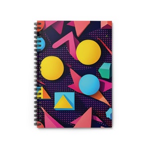 AI Inspired Retro 80s 90s Geometric Pattern Sphere Triangle Nostalgic Graphic Diary Journal Ruled Line Notebook