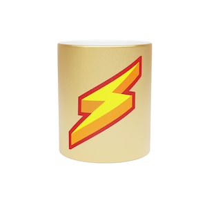 Peut inclure: Une tasse dorée avec un graphique d'éclair rouge et jaune.