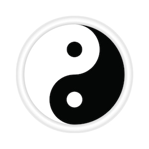 May include: Black and white yin yang symbol with a white circle around it.