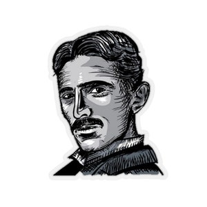 Puede incluir: Una ilustración en blanco y negro de Nikola Tesla, un famoso inventor e ingeniero. La ilustración está dibujada en un estilo estilizado, casi de dibujos animados, con un enfoque en la cara y el bigote de Tesla.