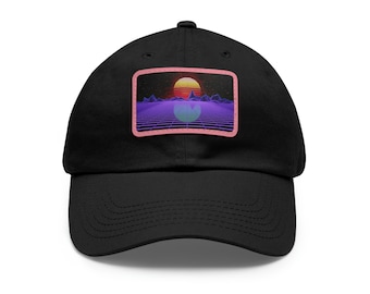 Aesthetic Cyberpunk Synthwave Sunset Retro Style Leather Patch Hat, Miami Vibes Relax Fit Baseball Cap