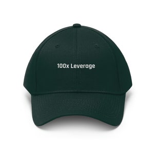 May include: A dark green baseball cap with white embroidered text that reads "100x Leverage".