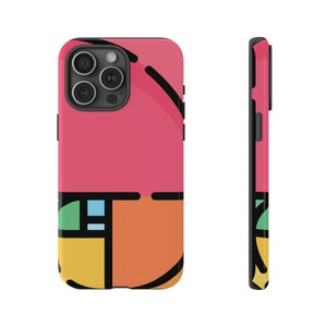 May include: A brightly coloured phone case with a geometric design in pink, orange, yellow, green, and black. The case is shown from the front and side, highlighting its protective design and vibrant colour scheme. The case is designed for a smartphone.