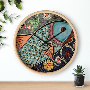 Koi Fish Asian Mosaic Print 10 "Reloj estético arte de la pared colgante decoración de la oficina en el hogar, envío rápido y gratuito