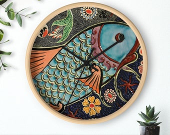Koi Fish Asian Mosaic Print 10" Clock Aesthetic Wall Art Hanging Home Office Decor, Fast and Free Shipping