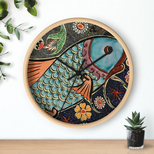 Koi Fish Asian Mosaic Print 10" Clock Aesthetic Wall Art Hanging Home Office Decor, Fast and Free Shipping