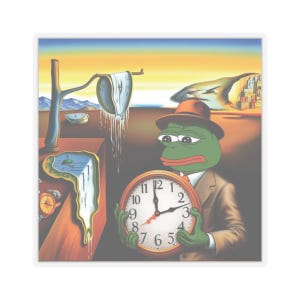 Könnte beinhalten: Ein Aufkleber mit einem surrealistischen Gemälde, das eine Froschfigur mit einer Uhr zeigt. Der Hintergrund zeigt schmelzende Uhren und eine Landschaft mit Sonnenuntergang. Der Frosch trägt einen Anzug und einen Hut.
