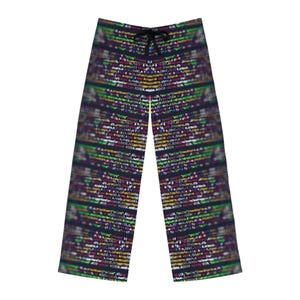 May include: Relaxed-fit pajama pants featuring a repeating pattern of colorful computer code on a dark background. The pants have a drawstring waist and a comfortable, loose fit. The code is in shades of green, yellow, red, and white.