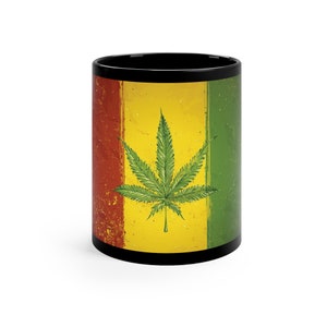 Rasta Rastafari Rastafarian Flag Czerwony Żółty Zielony Ganja Weed Herb Pot Leaf 420 Czarny Ceramiczny Kubek Kawowy 11oz