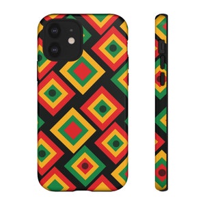 May include: A black phone case with a geometric pattern of red, yellow, and green squares. The case has a cutout for the camera lens.