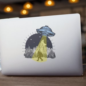 Funny Cute Bigfoot Alien Abduction Woods UFO Sticker, Moon Mountain Laptop Sticker, Water Bottle Sticker