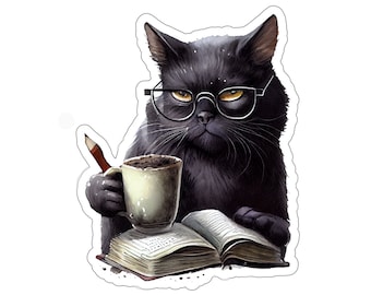 Funny Grumpy Reading Studying Cat Glasses Sticker, Laptop Sticker, Water Bottle Sticker