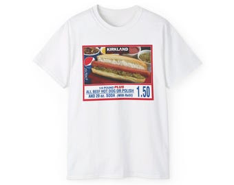 Camiseta unisex de algodón con la frase "Kirkland Special Meme" de Costco, "All Beef Hotdog 1.50" (20 oz) y refresco con recarga"