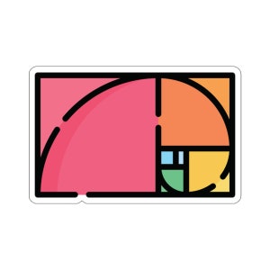May include: A sticker with a vibrant illustration of the golden ratio. The design showcases a pink, orange, green, blue, and yellow spiral pattern within a black outlined rectangle.