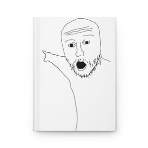 May include: White hardback notebook with a black and white line drawing of a surprised face pointing left. The drawing depicts a surprised expression with an open mouth and a beard. The notebook is blank.