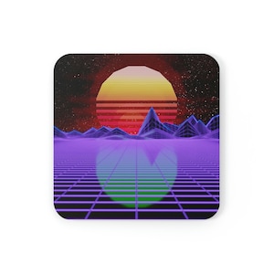 May include: A retro-style sunset scene with a purple grid and a green and blue reflection of the sun. The scene is set against a dark background with stars.