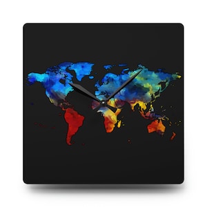 May include: A black square clock with a world map design. The map is painted in shades of blue, red, yellow, and green. The clock hands are black.