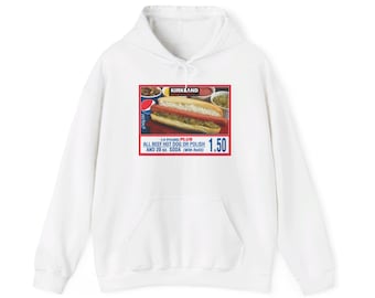 Camiseta unisex de mezcla de algodón con capucha y perrito caliente de carne de res de Costco. Tengo ese perro en mí. Comida con refresco de 1.50 con recarga. Meme especial de Kirkland.