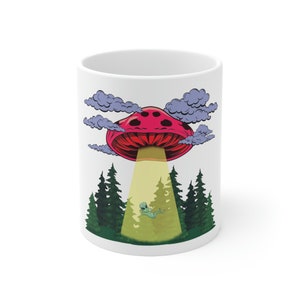 Psychedelic Mushroom Alien Abduction Woods Ceramic Mug, Flying Saucer Coffee Mug 11oz