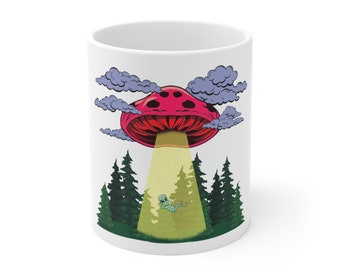 Psychedelic Mushroom Alien Abduction Woods Ceramic Mug, Flying Saucer Coffee Mug 11oz