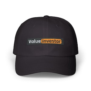 May include: Black baseball cap with the text "Value Investor" in white and orange. The hat is made of a soft material and has a curved brim. The hat is a classic style and is suitable for everyday wear.