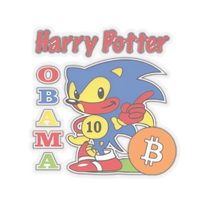 May include: A blue and yellow cartoon character with red shoes and a red glove holding a yellow circle with the number 10 on it. The character is standing next to a large orange circle with a black letter B in the center. The text "Harry Potter" is at the top of the image and the text "OBAMA" is on the left side of the image.