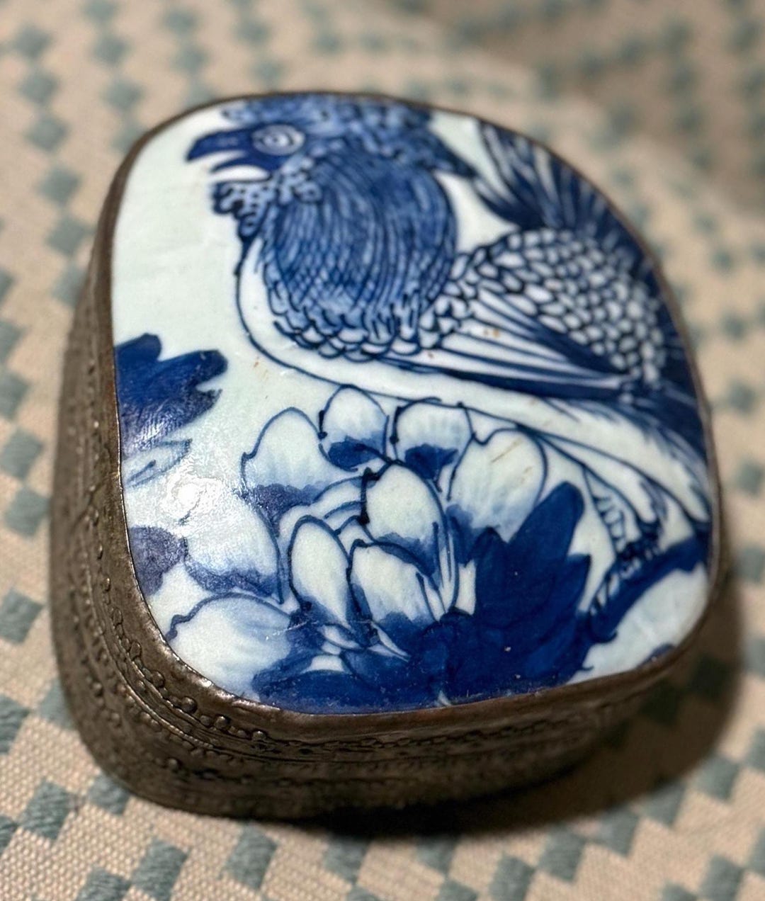 Rooster Inlay Vintage Chinese Shard Box With Rooster Motif – Blue and White Pottery ...