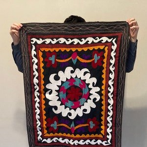 Rare Antique Suzani Tapestry, Sun & Flowers, 33 1/4&quot;  x 43 1/2&quot; (84.5 cm x 110.5 cm) Authentic, Folk Art from Central Asia