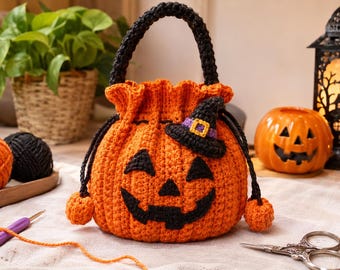 Häkelanleitung für einen Kürbis-Leckerlibeutel (PDF), Halloween-Süßigkeitenbeutel mit Kordelzug