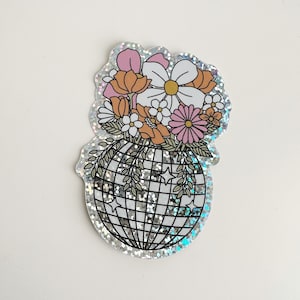 Disco Ball Plant, Glitter Sticker - Retro Rainbow Sticker - Groovy!