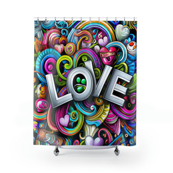 Shower Curtains, Rainbow LOVE Graphic Art, Vibrant, Color, Positivity, Bold Letters