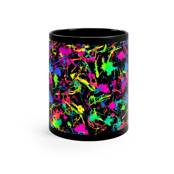 11oz Black Mug, Neon Paint Splatter Design