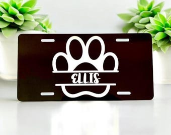Dog Paw with Name, Personalized. Aluminum Laser Engraved Front License Tag.  Looks great on your car or truck!