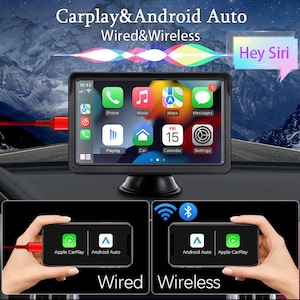 May include: A black car dashboard display screen with a touch screen interface showing the Apple CarPlay and Android Auto apps. The screen is connected to a phone via a red cable and wirelessly via Bluetooth. The text "Carplay&Android Auto Wired&Wireless" is displayed above the screen. The text "Hey Siri" is displayed in a speech bubble above the screen.
