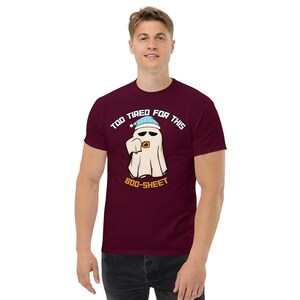 Funny “Too tired for this BOO-sheet” funny graphic tee, Halloween gifts, printed Tshirt, cute Halloween costume, fall fashion, pun shirts