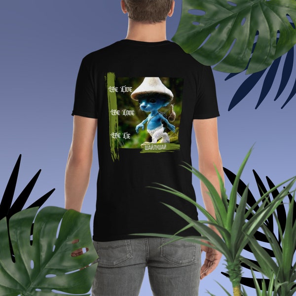 Realistische kat Smurf grappige rug bedrukte T-shirt, gekke TikTok trend, we leven, we houden van, we liegen, blauwe kat, uniek t-shirt, grappige cadeaus