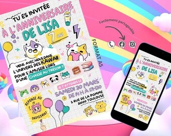 Carton d'invitation anniversaire Français KAWAII Personnalisé à imprimer chez vous !