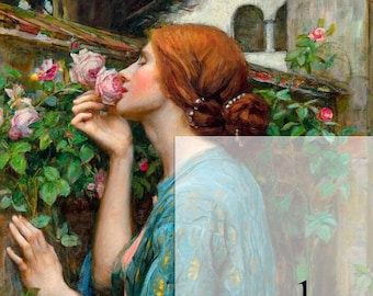May include: An oil painting depicting a person with auburn hair styled in a bun, wearing a teal robe with gold patterns, smelling a pink rose from a bush. The number 1 is displayed in a semi-transparent white box over the right side of the image.