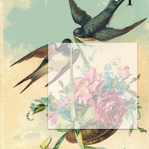 May include: Two swallows in flight carrying a basket of pink and blue flowers with green leaves. The basket is tied with a green ribbon. The background is a light blue sky with clouds.