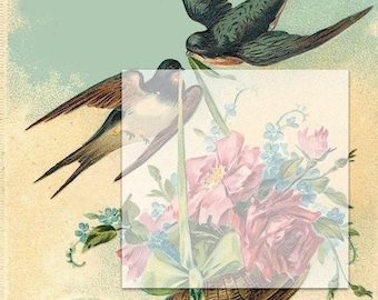May include: Two swallows in flight carrying a basket of pink and blue flowers with green leaves. The basket is tied with a green ribbon. The background is a light blue sky with clouds.