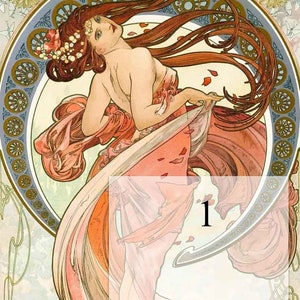 May include: Art Nouveau illustration of a woman with long auburn hair, decorated with flowers. She is draped in flowing pink and peach fabric, set against a decorative circular background with floral and geometric elements.