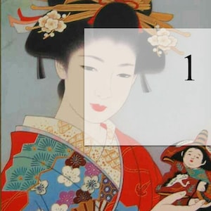 Può includere: Illustrazione di una donna in abito tradizionale giapponese, con un kimono rosso con motivi floreali e a ventaglio. Tiene in mano una piccola bambola. I suoi capelli neri sono adornati da fiori. Lo sfondo è azzurro.
