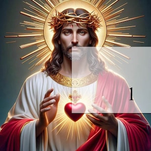 May include: A painting of Jesus Christ with a crown of thorns, a red heart, and a golden halo. The image is titled "1".