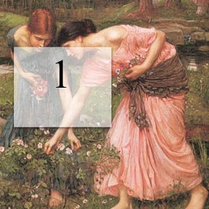 May include: A classical painting shows two women in long dresses picking flowers in a garden. One woman wears a pink dress and a dark brown sash, the other a dark green dress. The scene is set outdoors with trees and a stream.