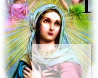 May include: A religious illustration depicts a woman with a blue veil and pink robe, crowned by angels. The image features a golden crown and a radiant background with the number "1" in the upper right corner. The artwork has a soft, painted style.