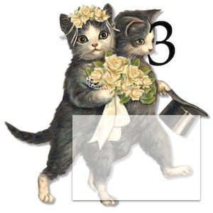 May include: Two black and white cats dressed in wedding attire. The cat on the left is wearing a white flower crown and holding a bouquet of yellow roses. The cat on the right is wearing a top hat and holding a bouquet of yellow roses. The number 3 is in the background.