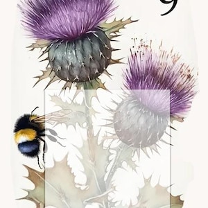 May include: A watercolor painting of a purple thistle with a bumblebee on the stem. The thistle has a green stem and sharp thorns. The painting is numbered 9.