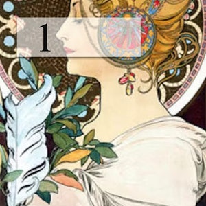 May include: A vintage Art Nouveau illustration of a woman with long blonde hair, wearing a white dress and holding a feather. The background is a decorative pattern of circles and lines in shades of blue, gold, and brown. The number "1" is visible in the image.