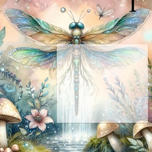 May include: A colorful dragonfly with iridescent wings sits above a small pond with mushrooms and greenery. The dragonfly's body is adorned with jewels and its wings are detailed with intricate patterns. The background is a soft pink and blue watercolor wash.
